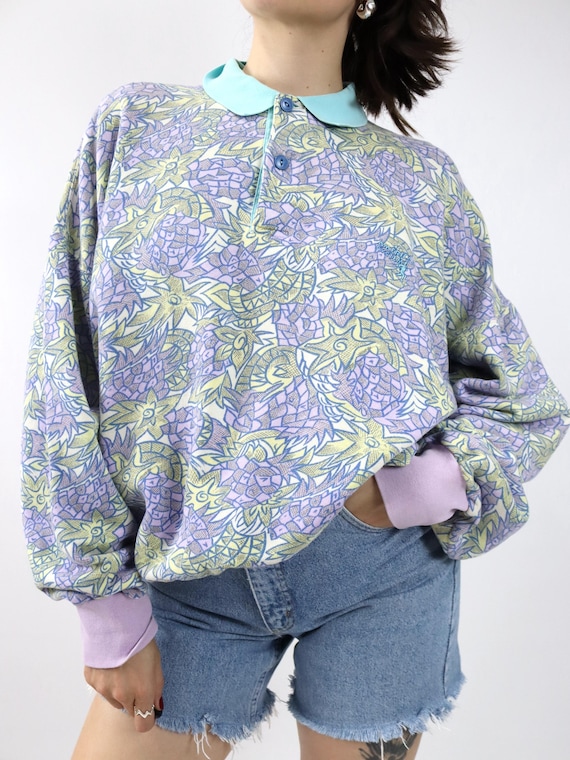 Vintage 80s 90s AMERICAN SYSTEM Sweatshirt Pullover crazy pattern lilac pastel XXL