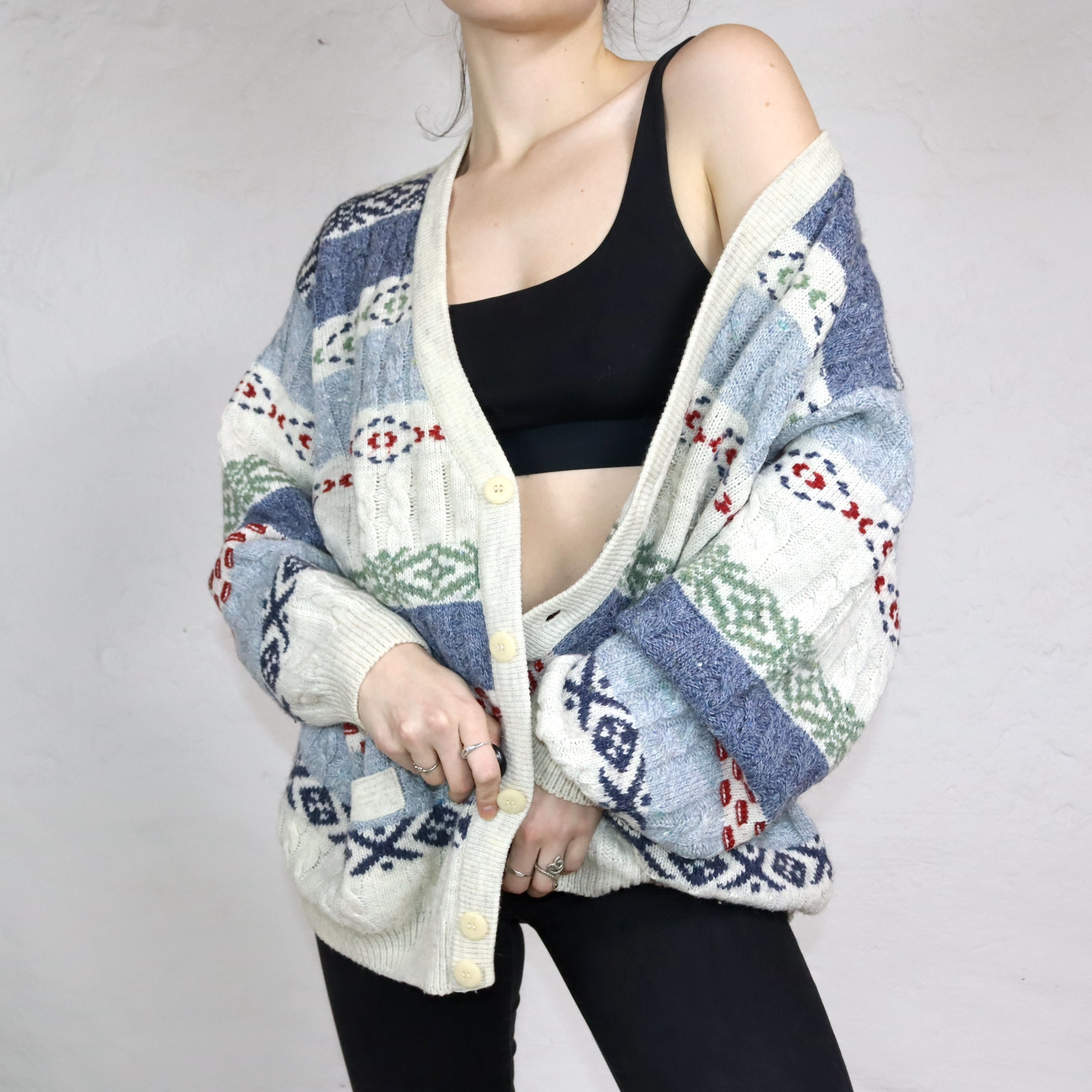 Vintage 80s 90s GIO FERRARI Premium Cardigan Wool Patterned Beige 