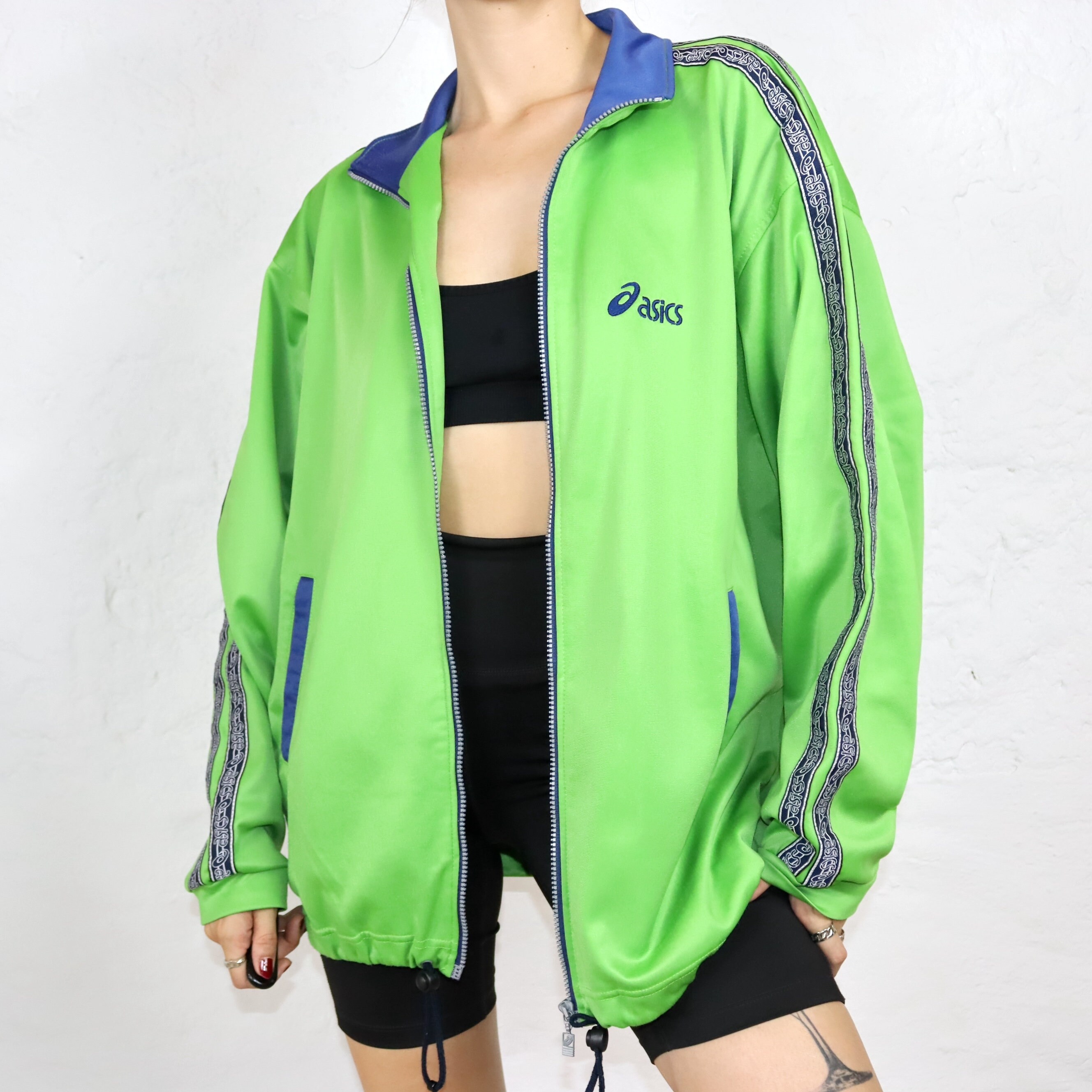Vintage 80s 90s ASICS Tracksuit Jacket Stand-up Collar Green