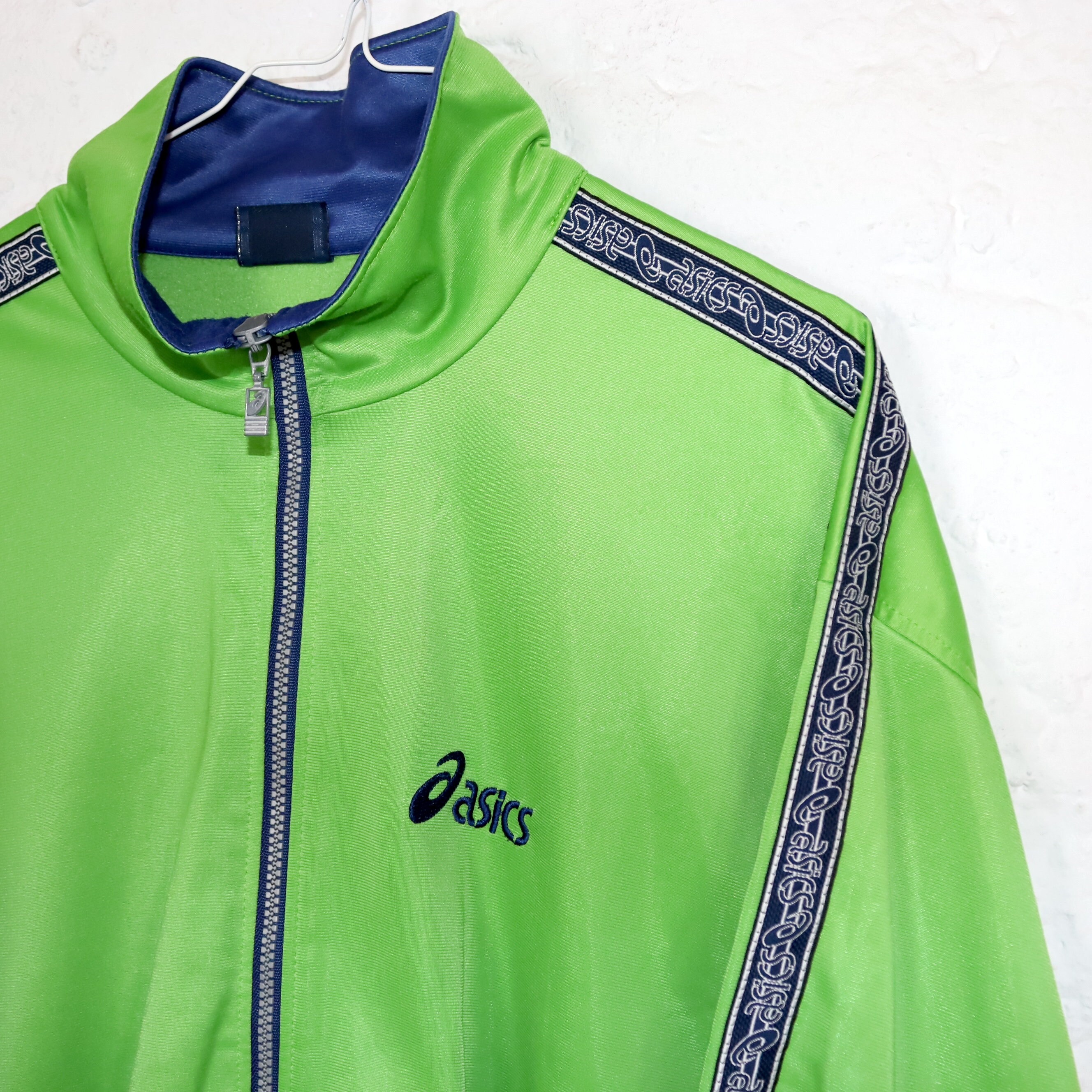 Vintage 80s 90s ASICS Track Jacket, Stand-up Collar, Green/dark 