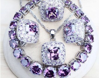 Muttertagsschmuck, lila Amethyst, 5-teiliges Brautschmuck-Set für Damen, Silber, feine Hochzeit, Ohrringe, Ringe, Armband, Anhänger, Halskette