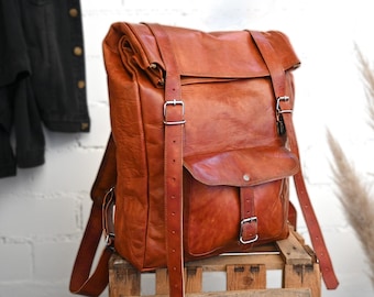 Leder Rolltop Rucksack, Cityrucksack, Outdoorrucksack, Laptoprucksack, Kurierrucksack, Handarbeit, Vintage