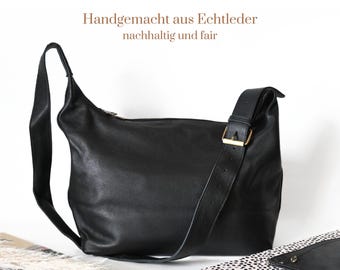 Schwarze Hobo Tasche Leder - Handgemachte Schultertasche groß – Nachhaltige Laptoptasche 15 Zoll – Fair Fashion - Vintage Ledertasche Damen