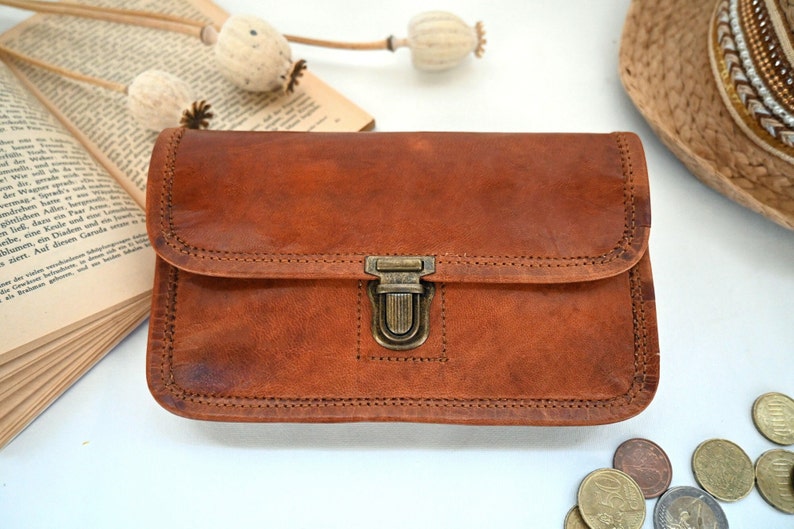 Portefeuille en cuir, porte-monnaie, étui pour smartphone, portefeuille en cuir, cuir naturel, vintage, fait main image 1