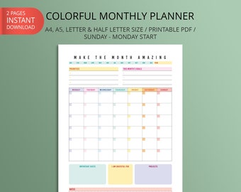 Printable Monthly Planner | Undated Daily Schedule, To-Do List, Productivity Planner, Notes, Goals | Instant Download | A4/A5/Letter/Half