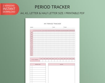 Printable Monthly Period Tracker | Menstruation, Period Cycle Length, Ovulation Period Tracker, Period Journal | A4/A5/Letter/Half Letter