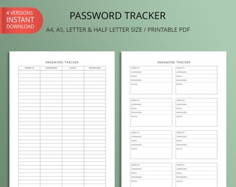 Printable Simple Password Tracker | Password Log, Password Keeper, Password Organizer | Instant Download | A4/A5/Letter/Half Letter Size