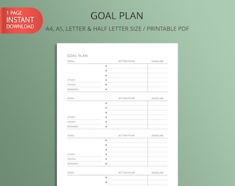 Printable Goal Plan | Goal Setting, Goal Progress, Productivity Planner, Minimalist | Instant Download | A4, A5, Letter and Half Letter Size