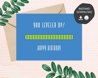 Printable Birthday Day Card | Instant Download | Greeting Card | Digital Downloadable "You Leveled Up" Card
