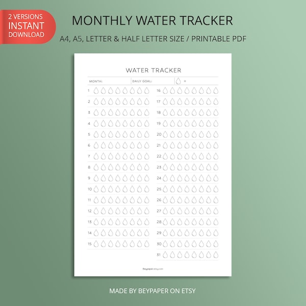 Printable Monthly Water Tracker | 2 Version Water Tracker | 31 Days Water Tracker | Instant Download | A4, A5, Letter and Half Letter Size