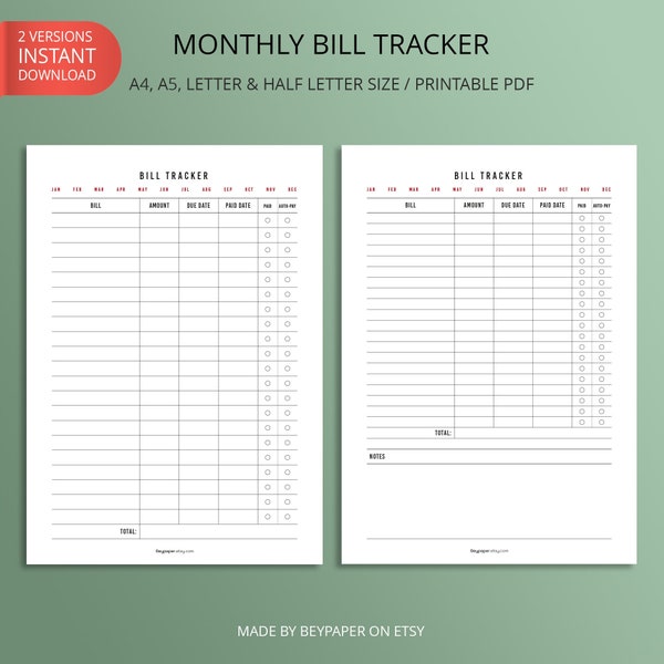 Printable Monthly Bill Payment Tracker | Monthly Bill Payment Checklist, Expense Tracker, Bill Planner | A4/A5/Letter/Half Letter Size