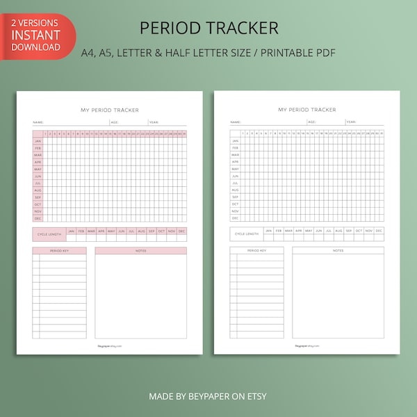 Printable Monthly Period Tracker | Menstruation, Period Cycle Length, Ovulation Period Tracker, Period Journal | A4/A5/Letter/Half Letter