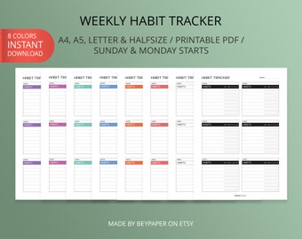 Printable Weekly Habit Tracker | 8 Colors Habit Tracker | Instant Download | Monday/Sunday Starts | A4/A5/Letter/HalfLetter