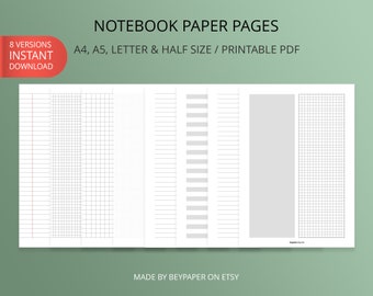 Printable Notebook Paper Pages | Lined, Graph & Dot Grid Paper Bundle, 8 Versions | Instant Download | A4/A5/Letter/Half Letter Size