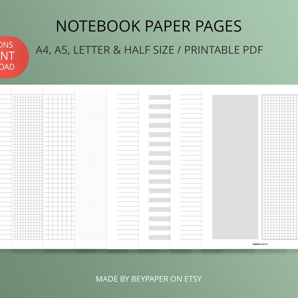primary writing paper with dotted lines Printable Notebook Paper Pages | Lined, Graph & Dot Grid Paper Bundle, 8 Versions | Instant Download | A4/A5/Letter/Half Letter Size
