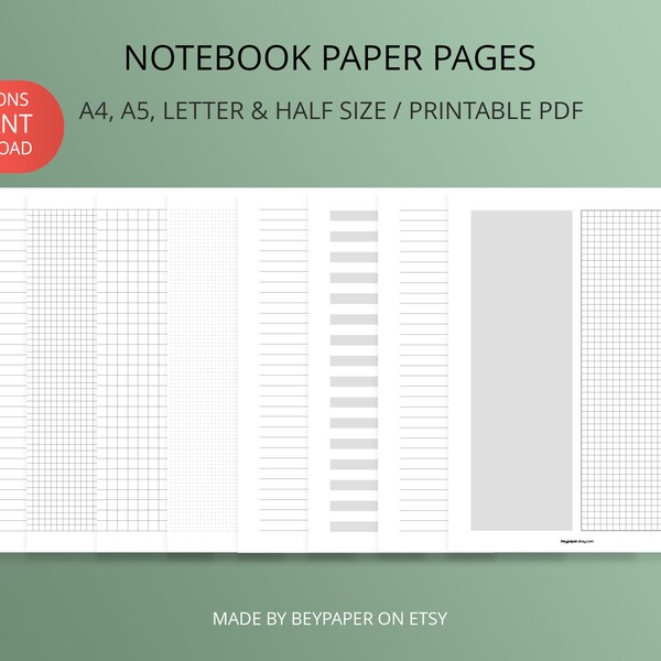 Printable Notebook Paper Pages | Lined, Graph & Dot Grid Paper Bundle, 8 Versions | Instant Download | A4/A5/Letter/Half Letter Size