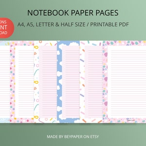 Druckbares Notizpapier | 6 verschiedene Designs von linierten Papieren, linierten Blättern, Journal Seiten | Sofortdownload | A4/A5/Letter/Half Letter Format