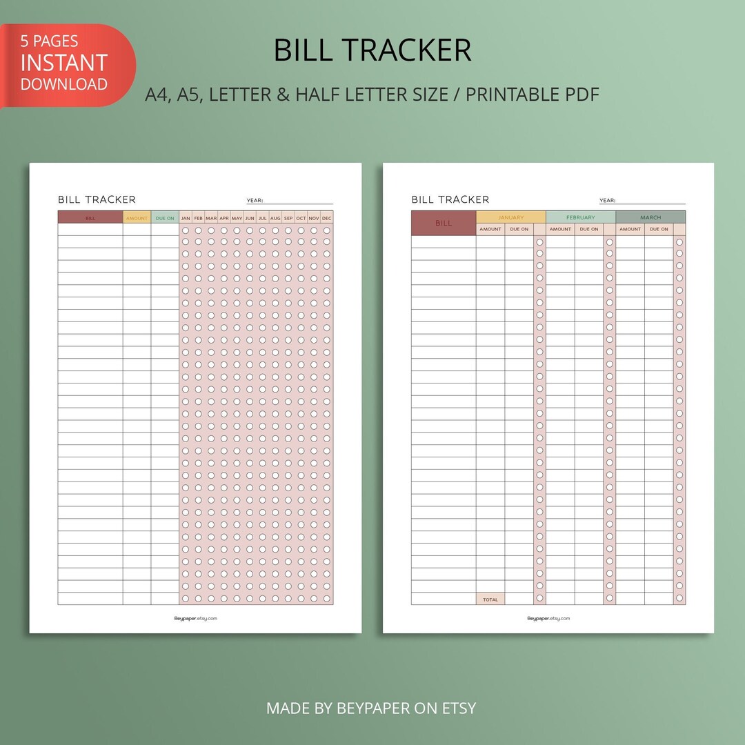 Printable Yearly Bill Payment Tracker | Yearly Bill Payment Checklist ...