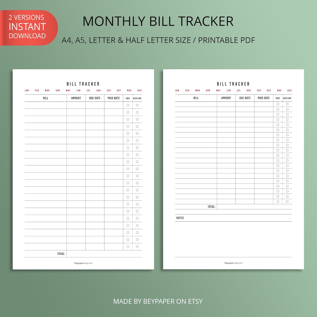 Printable Monthly Bill Payment Tracker | Monthly Bill Payment Checklist ...