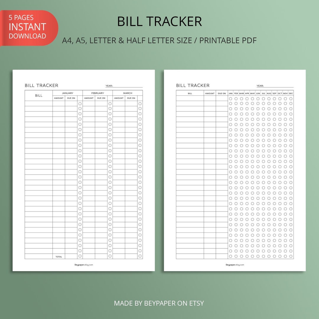Printable Yearly Bill Payment Tracker Yearly Bill Payment Checklist ...