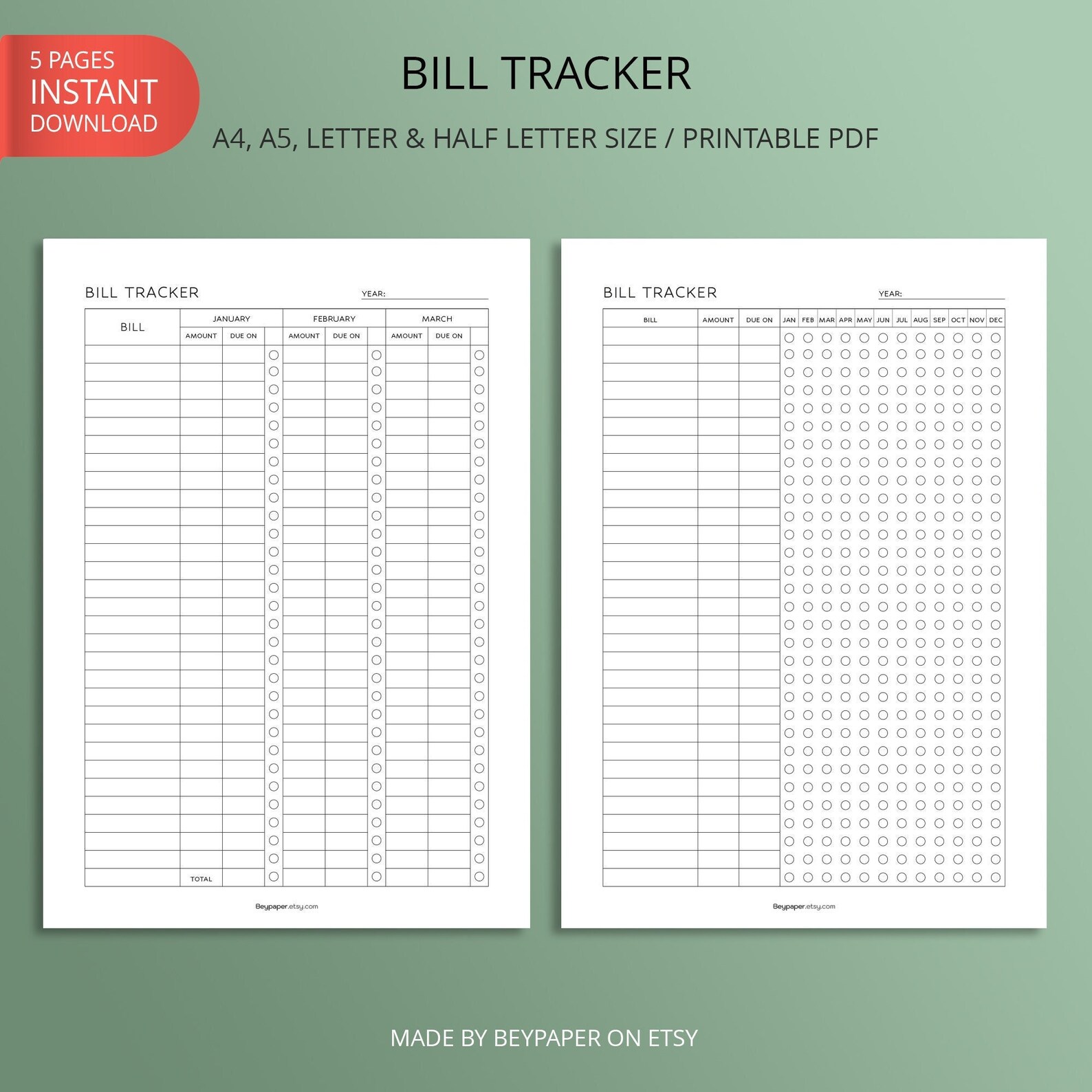 Printable Yearly Bill Payment Tracker | Yearly Bill Payment Checklist ...