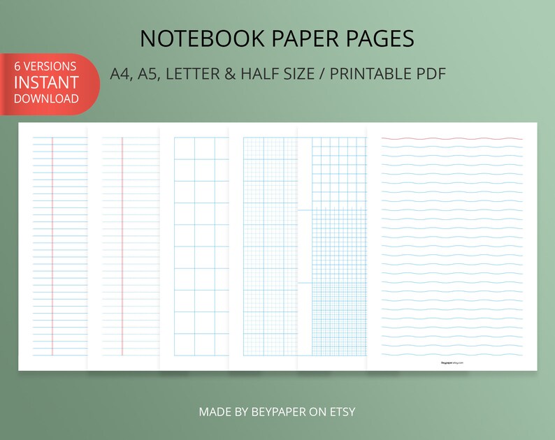 Printable Notebook Paper Pages | Lined & Graph Paper Bundle, 6 Versions ...