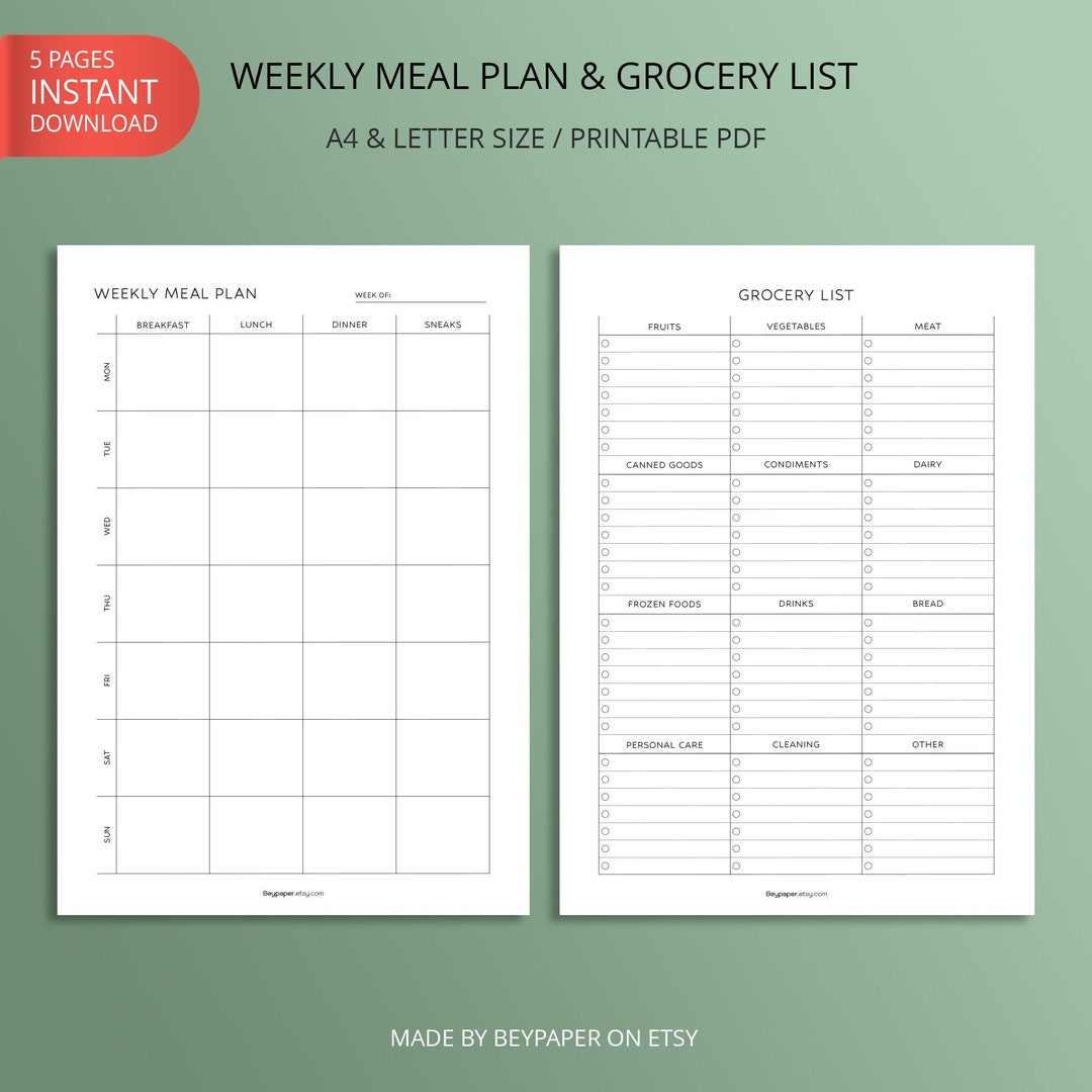 Printable Weekly Meal Planner & Grocery List 2 Version Meal Tracker ...