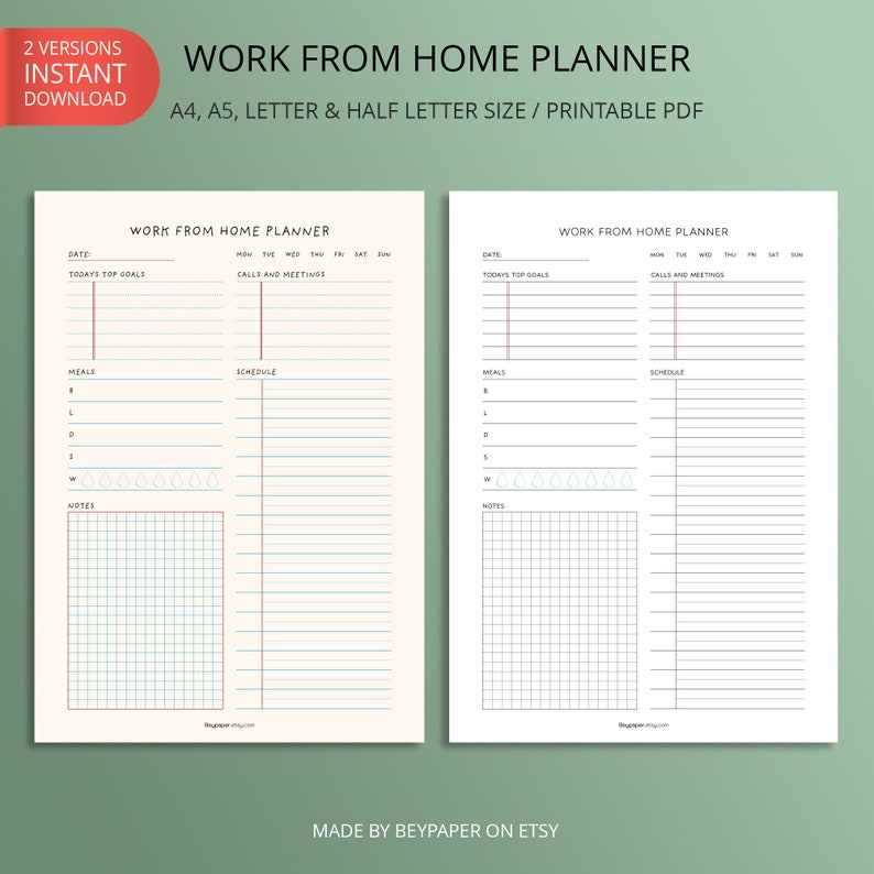 Printable Work From Home Planner Undated Daily Schedule, Work, Meals, Productivity Planner Instant Download A4/A5/Letter/Halfletter image 1