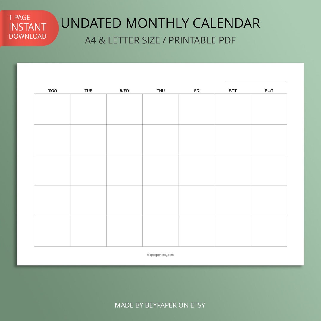 Printable Undated Monthly Planner | Undated Calendar, Monthly Organizer ...