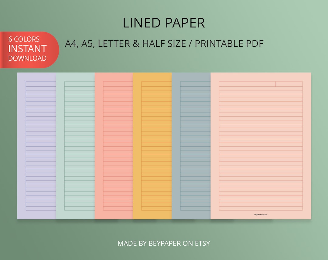 Printable Note Paper 6 Different Colors of Lined Papers, Lined Sheets