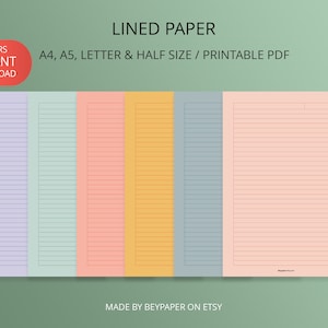 Printable Note Paper | 6 Different Colors of Lined Papers, Lined Sheets, Journal Pages | Instant Download | A4/A5/Letter/Half Letter Size