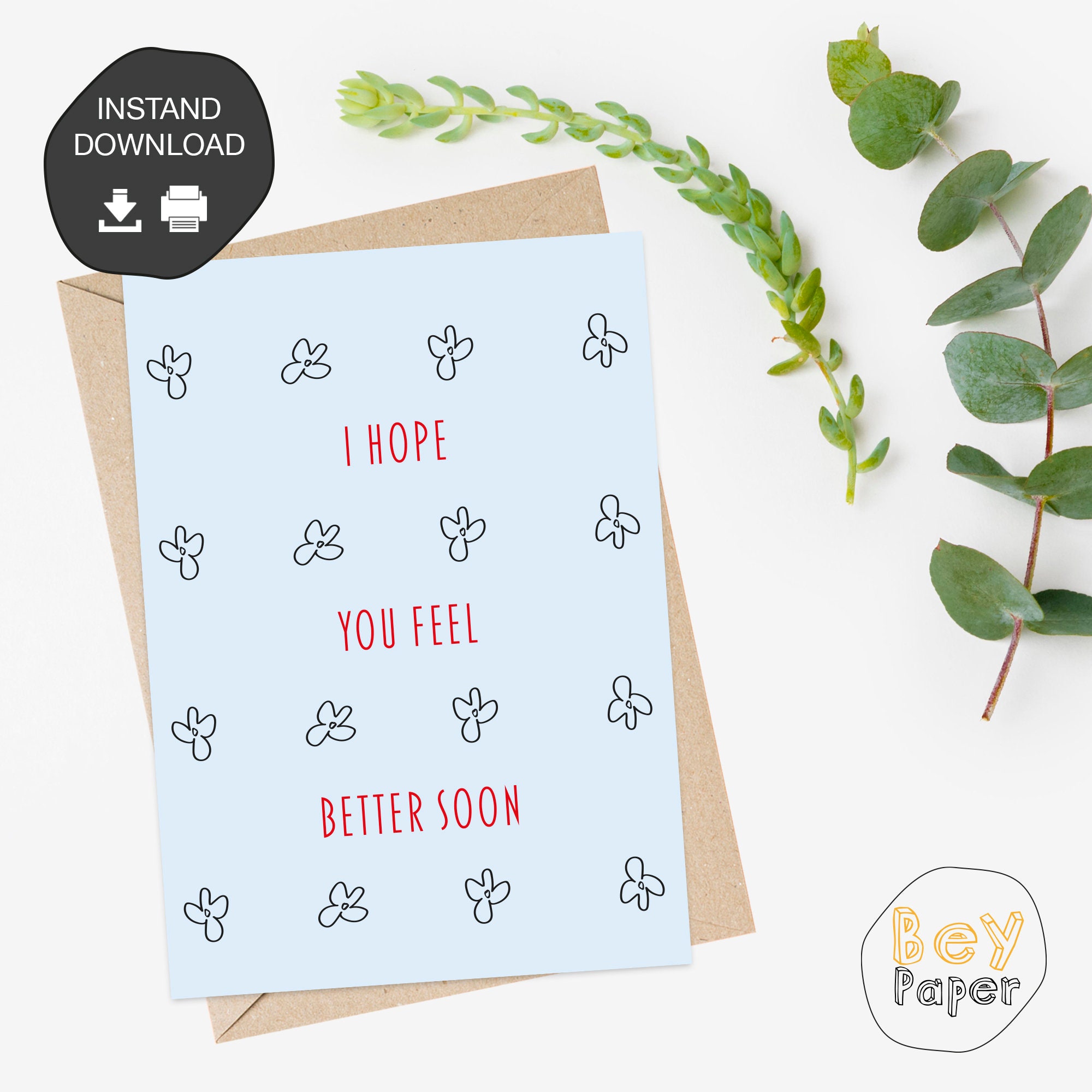 Printable Get Well Soon Card Instant Download Greeting Card Digital Printable Get Well Soon Card Instant Download Greeting Card Digital