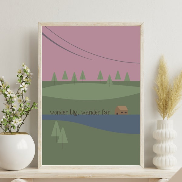 Wonder Big Wander Far Travel Poster, Colourful Abstract Landscape Wall Art, Travel Positive Quote Digital Download