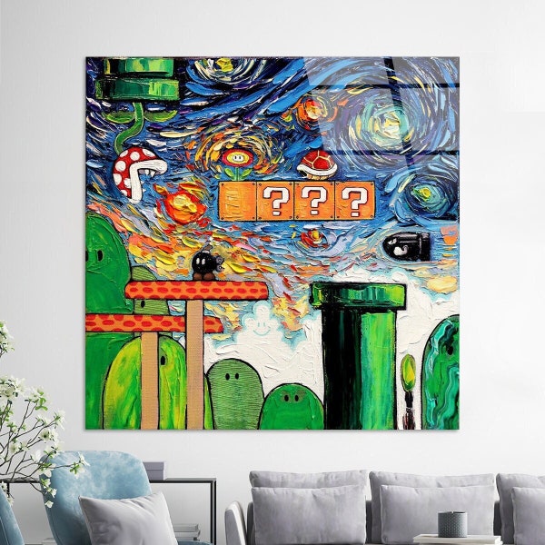 Mario World Canvas Art, Mario World Starry Night, Super Mario Glass, Van Gogh Art, Starry Night, Super Mario World, Van Gogh Mario Canvas