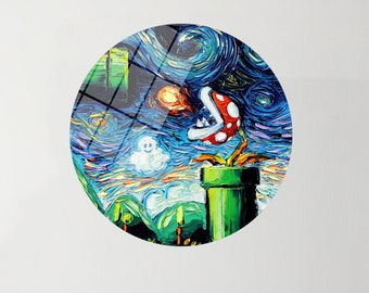 Mario Starry Night Canvas, Mario Bros Glass Art, Mario World Home Decor, Van Gogh Art, Super Mario Gift, Gift for Her, Van Gogh Mario Art,