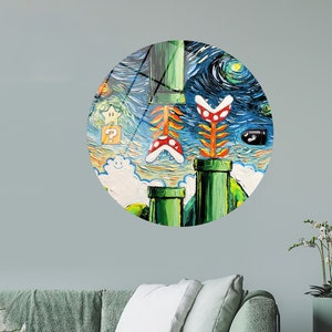 Starry Night Super Mario Glass Art: Van Gogh Inspired Game Room Decor