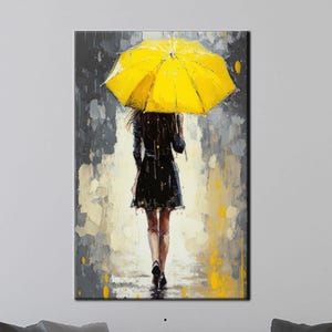 Yellow Umbrella Girl Canvas Wall Art - Rainy Street Oil Painting Style Print for Romantic, Modern, or Melancholic Room Decor