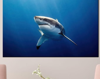 Great White Shark Canvas Wall Art - Powerful Underwater Predator Ocean Print for Nautical, Marine or Beach House Style Decor