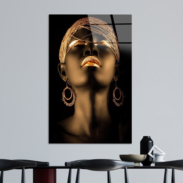 Gift for Him, Gold Lip Glass Art, African Woman Wall Decor, Black Woman Canvas Art, African Gold Lip, African Gold Woman Home Gift, Canvas