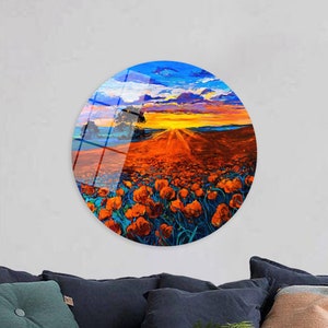 Presente personalizado, arte de paisagem, presentes, decoração de tela de campo de flores vermelhas, suspensão de parede, tela de flores, pôster de tela de pôr do sol, decoração de fazenda,