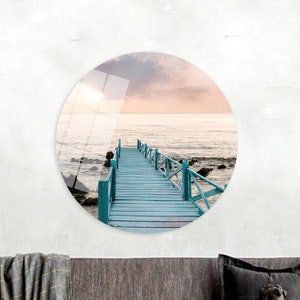 Coastal Bridge Tempered Glass Wall Art: Boho Landscape Decor