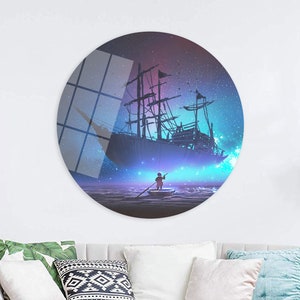 Große Glas Wandkunst, druckbare Wandkunst, Boho-Dekor-Kunst, Kleiner Junge und Boot Poster, Sternenhimmel Landschaft Kunst-Dekor, gehärtetes Glas Kunst