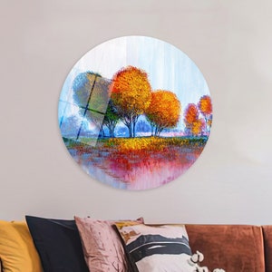 Arte de la pared de la granja, arte colorido, regalo personalizado para ella, regalos de dama de honor, arte de la pared del lienzo, cartel moderno, arte de la pared del árbol, cartel de otoño,