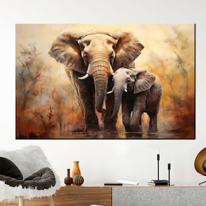 Mom and Baby Elephant Glass Printing, Modern Art Canvas, Animal Wall Decor, Elephant Canvas Poster, Personalized Gift For Him,