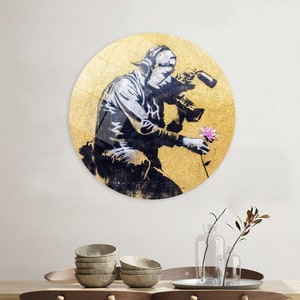 Banksy Art, Glass Art, Canvas Wall Art, Banksy Cameraman And Flower, 3D Wall Art, Banksy Graffiti Art, Large Wall Art, Living Room Decor,