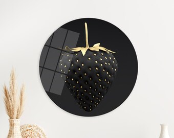 Arte de pared de vidrio templado con fresas negras y doradas: opción de lienzo enmarcado