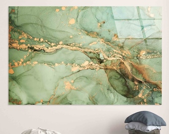 Arte mural de mármol verde y dorado: Impresión abstracta fluida