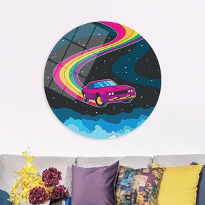 Rainbow Car Canvas Art: Kids Room Garage Decor
