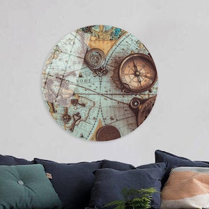 Geschenken, messing zakkompas gedrukt, vintage wereldkaart kunst, Halloween decor, gepersonaliseerd cadeau voor haar, kompas kunst canvas, kaart muur decor,