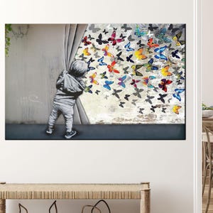 Butterfly Dream Canvas Wall Art - Graffiti Child Opening Curtain to Colorful Flying Butterflies Print for Joyful Modern Room Decor